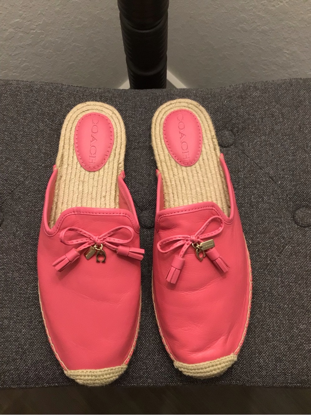 Coach Coral Pink Leather Espadrille Slip-On Mules with Tassel Charm